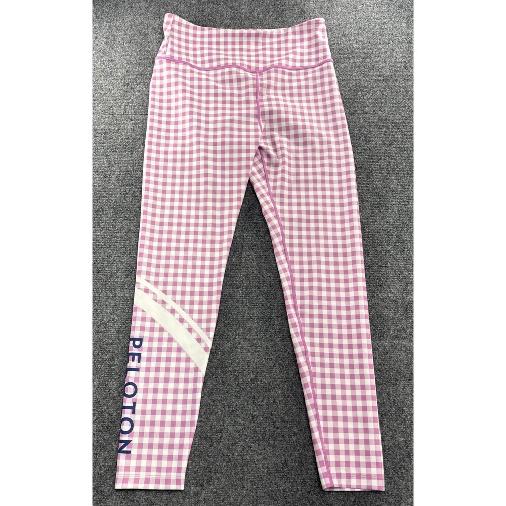 Peloton Leggings Womens L Pink White Gingham Check High Rise Logo Workout Pants